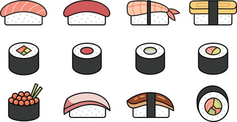 Sushi Icon Set with Nigiri Maki Rolls Salmon Tuna Shrimp and Japanese Food Symbols for Restaurant Menu Asian Cuisine Design © tofajjol studio