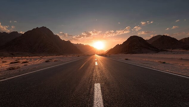 A straight road disappearing into the sun setting between mountains