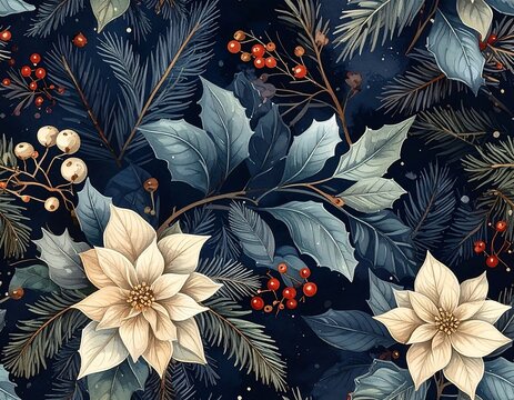 A festive seamless pattern with winter flora. White flowers, holly, berries, and pine boughs are spread across a dark blue backdrop