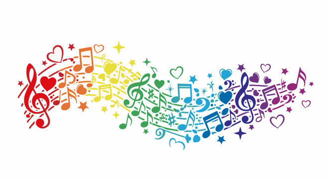 Colorful musical notes and hearts flow across a white background in a vibrant wave