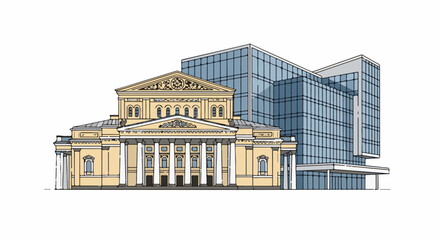 Fototapeta premium An old theater facade with modern glass addition on a white background