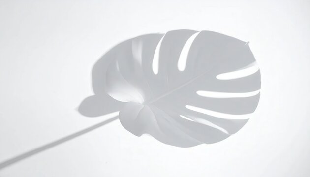 Sombra sutil de folha de Monstera deliciosa projetada em superf&iacute;cie branca minimalista com luz suave.