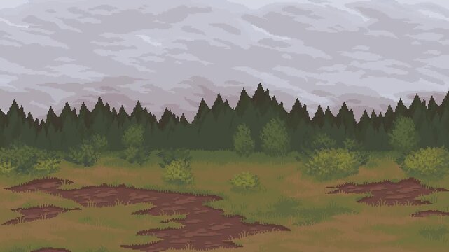 Retro pixel landscape with open grassy field and distant forest. Cloud movement adds depth and calm mood for background animation and ambient visual scenes.