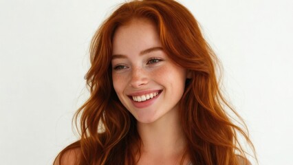 Naklejka premium Redheaded young woman smiling with loose waves in studio