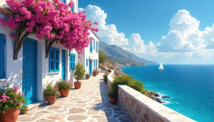 Naklejka premium White mediterannean house with blue doors and shutters borders bright pink flowers. Stone path leads toward blue sea and distant mountains. Sailboat glides on calm bright ocean waters.