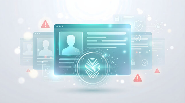 conceptual digital interface showing biometric fingerprint scanning with blue user profile windows and red warning alert icons for cybersecurity identity verification and data privacy