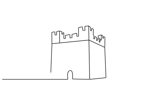 Animation continuous line drawing Continuous line drawing castle, medieval fortress, simple outline, black and white illustration, architectural design element