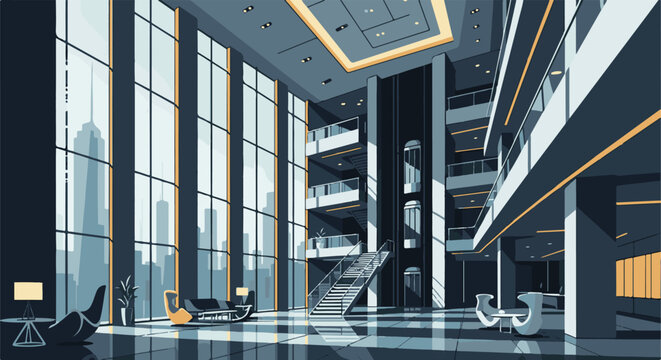 Modern atrium with glass walls, elevators, and seating areas