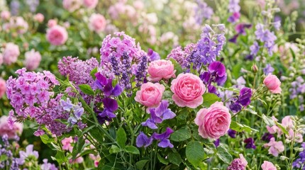 Obraz premium A beautiful bouquet of pink roses, purple phlox, and sweet peas in a garden setting