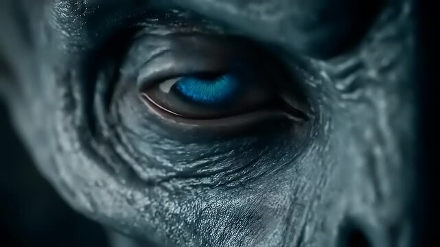 Intense gaze of a creature with crystalline blue eye, revealing a profound mystical otherworldly connection