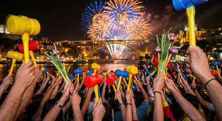 Crowd celebrates with toy hammers and fireworks at Porto with D Luiz Bridge at background. São João. Portugal