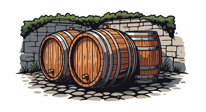 Three wooden barrels resting on a cobblestone ground against a stone wall