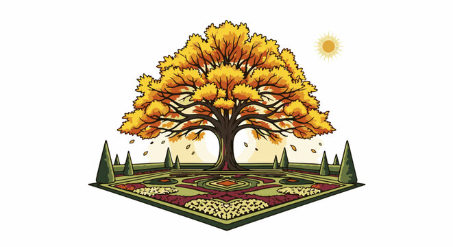 Stylized autumn tree and garden with patterned flowerbeds and topiaries