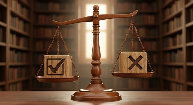 Wooden balance scale with checkmark and cross symbols on a desk in a library office representing legal decision making fairness and justice
