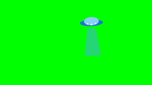Cartoon UFO flying saucer with light beam on green screen