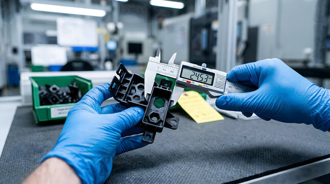 close up of technician hands in blue gloves using digital caliper to measure plastic industrial part for quality control and precision engineering in modern manufacturing factory