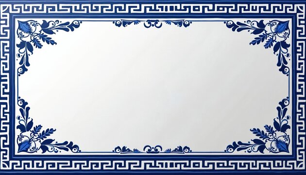 Blue and white floral border with Greek key design on blank canvas. Ornamental frame for invitation cards or decorative background. Elegant graphic element for classic design projects.