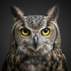 Obraz premium Owl face with intense yellow eyes close up on dark background for wildlife and predator bird