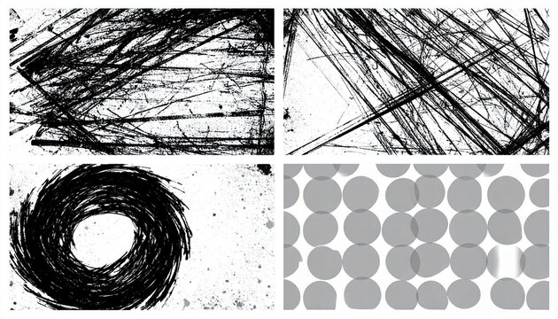 Cole&ccedil;&atilde;o de quatro texturas abstratas em preto e branco: arranh&otilde;es, redemoinho e padr&atilde;o de pontos sobre fundo claro.