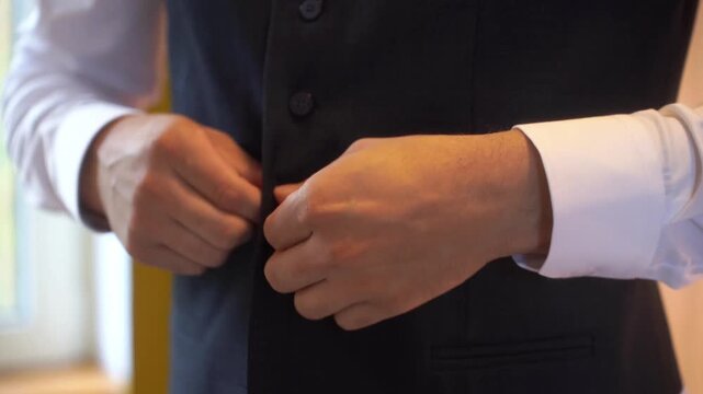 Close-up of a groom in a brown suit buttoning his jacket before the wedding ceremony. Elegant men s formalwear, preparation moment, stylish groom attire, and wedding morning details