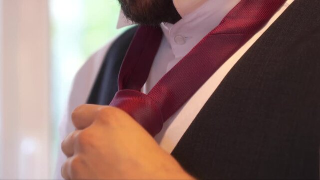 The groom puts on his tie in his room and prepares for the wedding. The man wears a tie