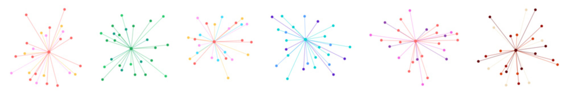 Colorful radial lines with dots in burst pattern, circular network graph, data visualization. Connection nodes, radial chart, information design, digital technology concept. Flat vector illustration i