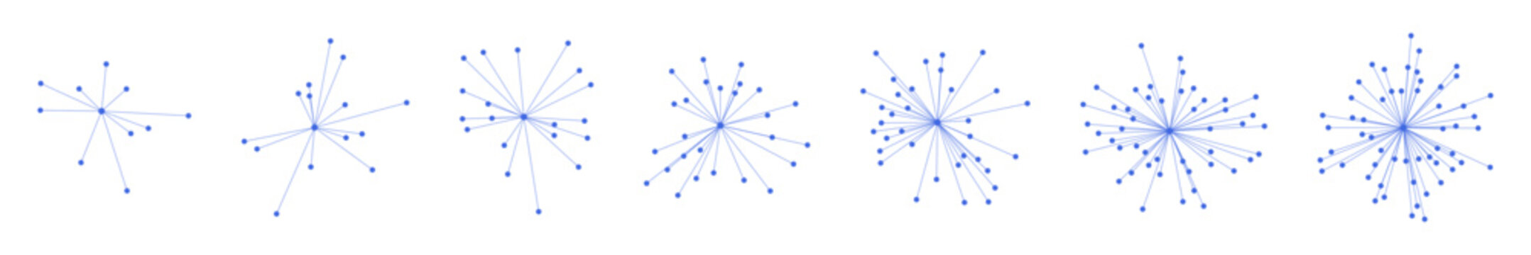Radial lines with dots in burst pattern, circular network graph, connection nodes. Data visualization, information design, digital technology concept. Flat vector illustration isolated on white backgr
