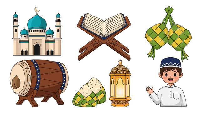 Set of Islamic Ramadan and Eid Mubarak Icons Featuring Mosque, Holy Quran on Rehal, Ketupat, Bedug Drum, Lantern, and Cute Muslim Boy Character Illustration