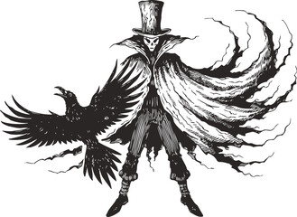 Naklejka premium Dark mysterious skeleton figure in top hat and cloak with swirling smoke and flying raven