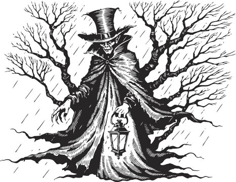 Mysterious cloaked figure with lantern standing in barren trees under rain dark gothic horror illustration