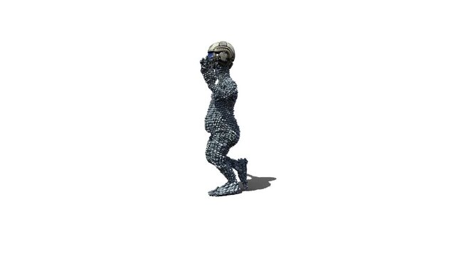 3D Weird Goofy Character in Bubble Wrap Costume and Gas Mask, Running Loop, Side View, against white background