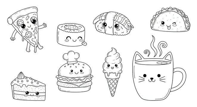 Cute food illustrations pizza sushi taco and cake