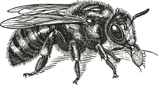 Detailed vintage bee illustration holding an aphid, engraved insect drawing for nature concept