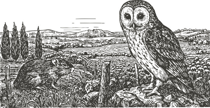 Detailed black and white illustration of an owl perched on a rock with a rat and rural landscape background