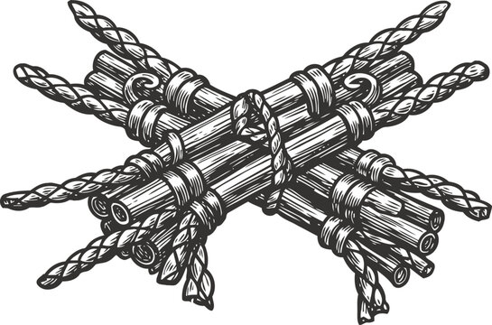 Ancient fasces symbol vintage roman bundle of wooden rods with axe bound with ropes, authority and power emblem