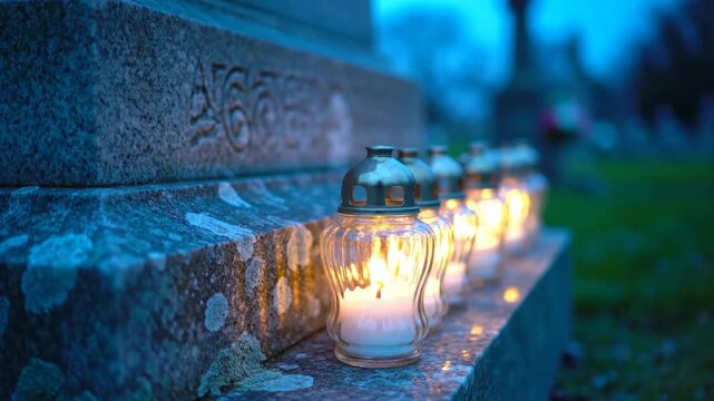 墓地に並ぶ供養のキャンドル。夕暮れ時の墓石に置かれた灯火。追悼とメモリアルの風景