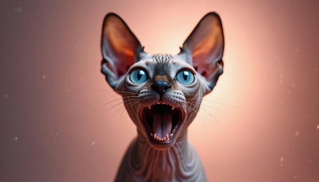 Sphynx cat with wide blue eyes and open mouth screams. Hairless feline pet expresses shock and fright. Funny animal portrait has huge ears and wrinkles.