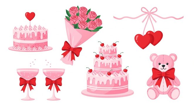 Pink Valentine's Day Celebration Elements Vector Illustration - Cakes, Roses, Teddy Bear, Champagne Glasses, Hearts for Romantic Occasions