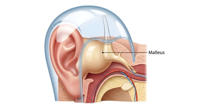 Cross‑section diagram of the human ear focusing on the malleus bone attached to the eardrum, highlighting its role as the first ossicle that transfers sound vibrations from the tympanic membrane into 