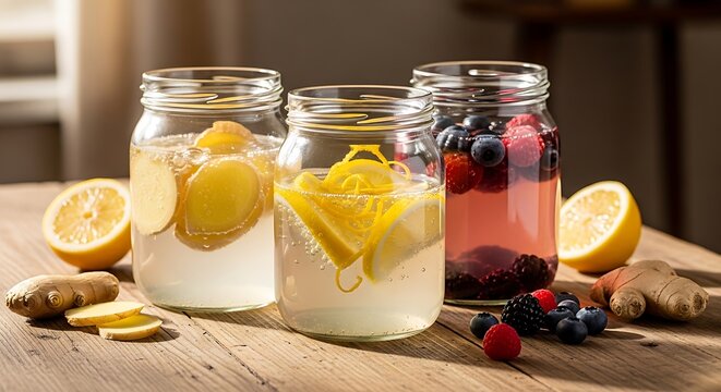 Three glass jars filled with fresh fruit infused water arranged on a wooden table in bright light. kefir water