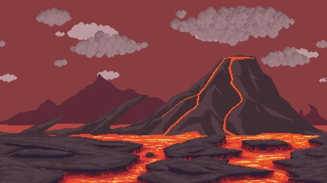 Pixel art lava landscape with volcano, dark rocky terrain and dramatic sky. Seamless looping animation with moving clouds. Atmospheric hell-inspired environment for games, motion backgrounds, UI desig