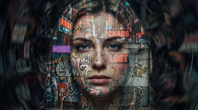 Surreal portrait of a woman with double exposure effects featuring urban city night scenery and neon text. Mental health concept of feeling lost and disconnected in a chaotic world