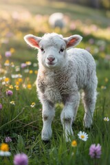 Fototapeta premium Vertical portrait of a young white lamb in a spring meadow. Baby sheep standing in green grass with wildflowers and daisies. Farm animal in golden sunlight