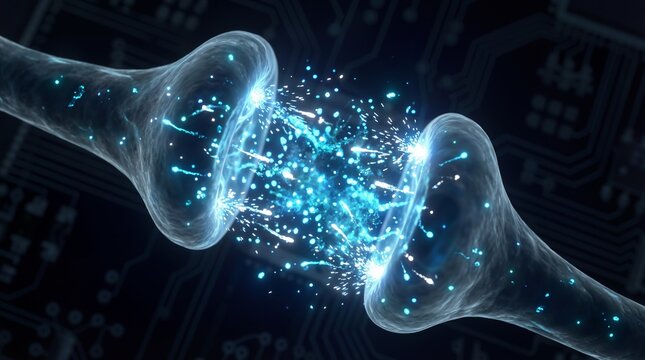 Neuron synapse transmitting electrical impulse. Brain cell signal connection. Neural network and biological communication. Scientific visualization of human nervous system and memory concept