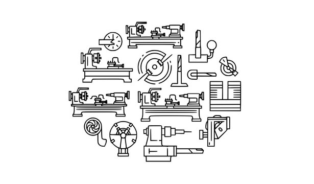 Minimal lathe machine outline icons in circular layout with machining tools and industrial equipment vector set