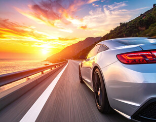 Naklejka premium A sleek silver sports car speeds along a breathtaking coastal highway at sunset, symbolizing freedom and luxury. Ideal for highend automotive ads and aspirational lifestyle content.