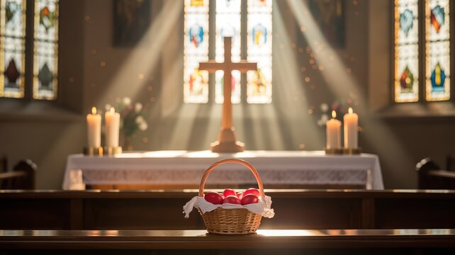Red Easter eggs in a wicker basket on a church pew. Altar with wooden cross and sunbeams in background. Orthodox and Catholic holiday tradition