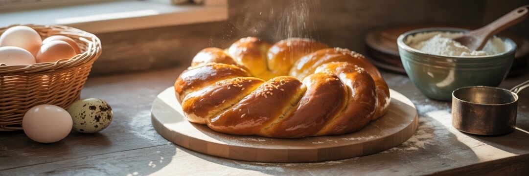 Freshly baked braided bread on a wooden board in a sunlit kitchen. Dusting flour over golden brioche loaf with eggs in a basket. Homemade artisan baking concept