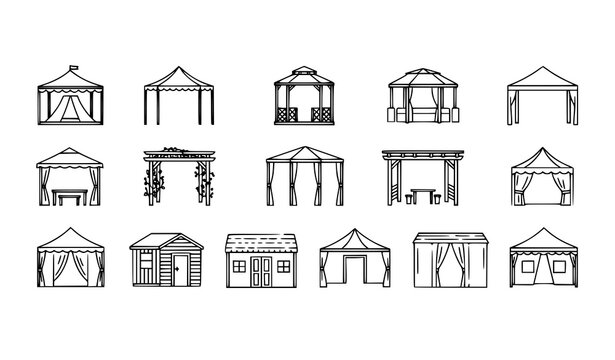 Canopy gazebo shed and tent icon collection with outdoor structures in simple outline vector style