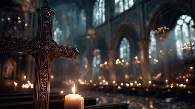 Ornate metal cross and burning candle in a cathedral. Gothic church interior with bokeh lights. Religious worship and prayer concept